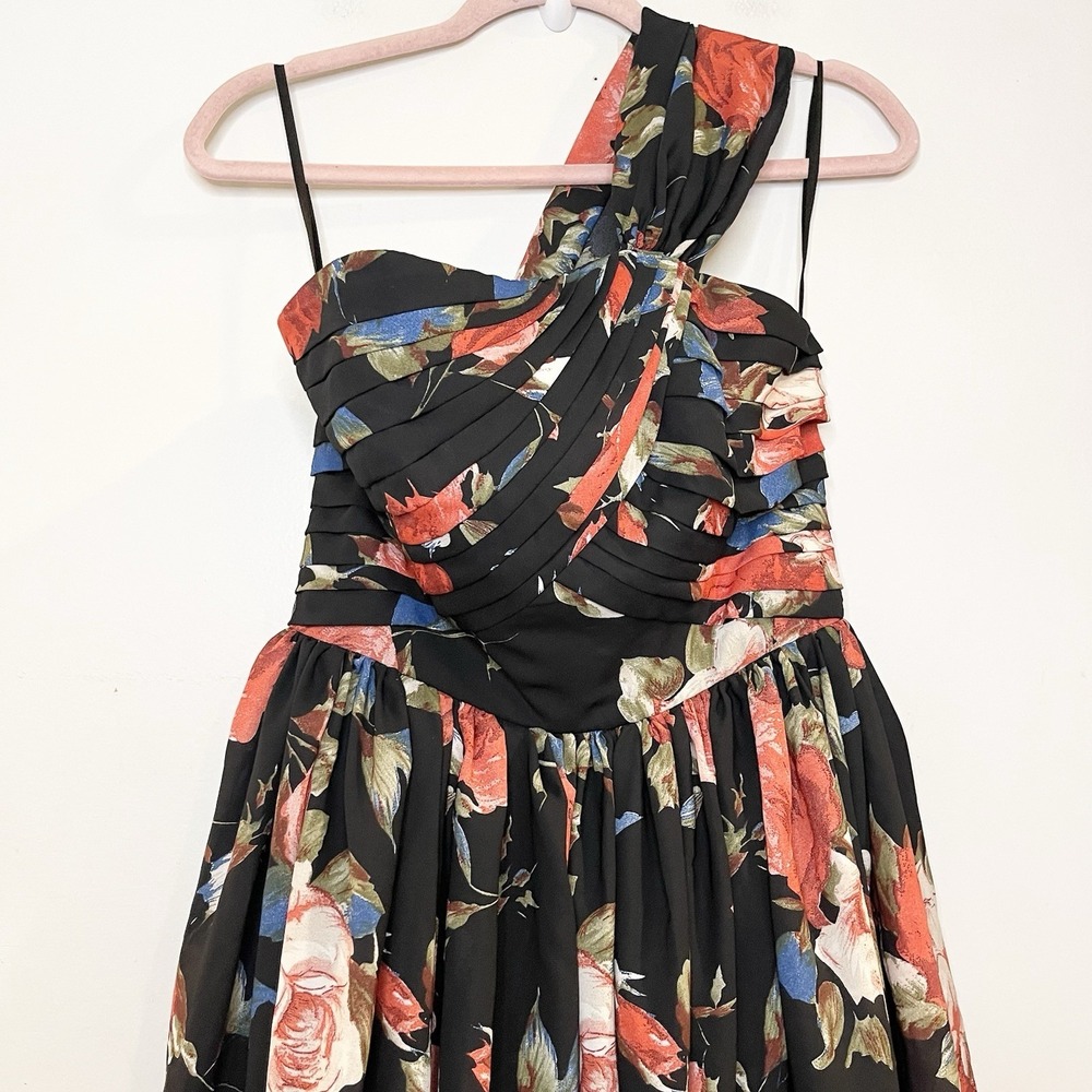 Unique Vintage Black Floral One Shoulder Dress M Retro Rockabilly Party Full - Picture 4 of 7